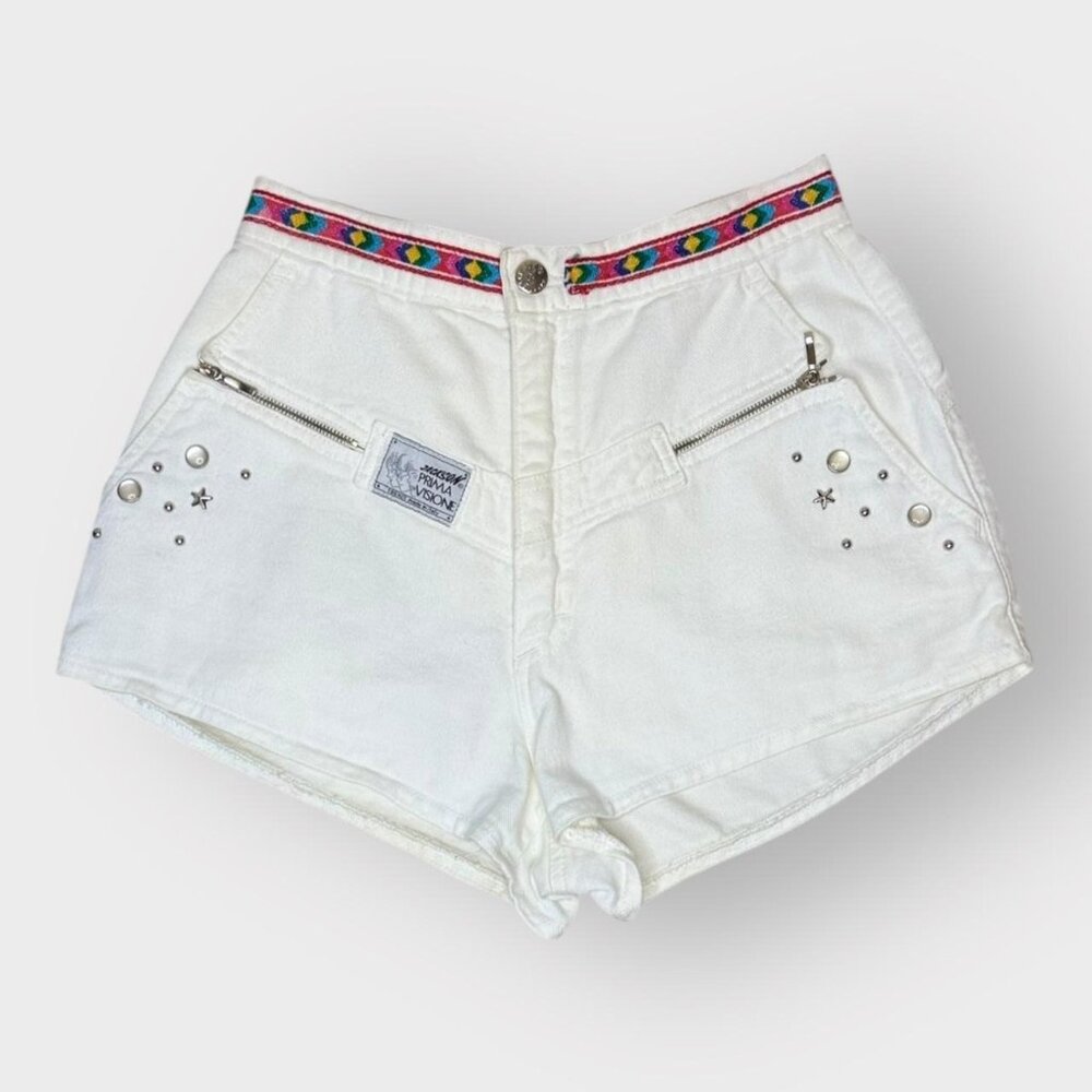 Vintage White High Waist Shorts Studded Festival 90s